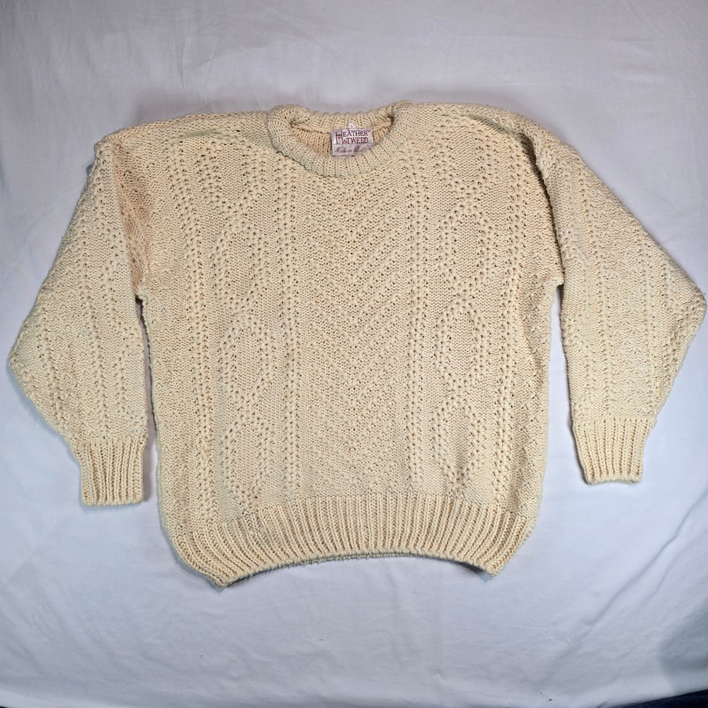 Heather & Tweed Scotland Men Cream Cotton Cable‎ Knit Crew Neck Sweater Large